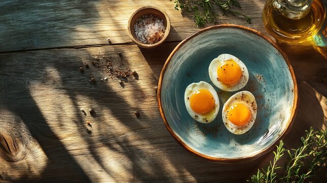 A ceramic plate with two eggs cooked on the rustic wooden table. half-boiled egg texture. breakfast recommendation