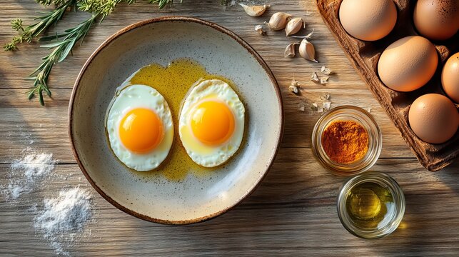 A ceramic plate with two eggs cooked on the rustic wooden table. half-boiled egg texture. breakfast recommendation