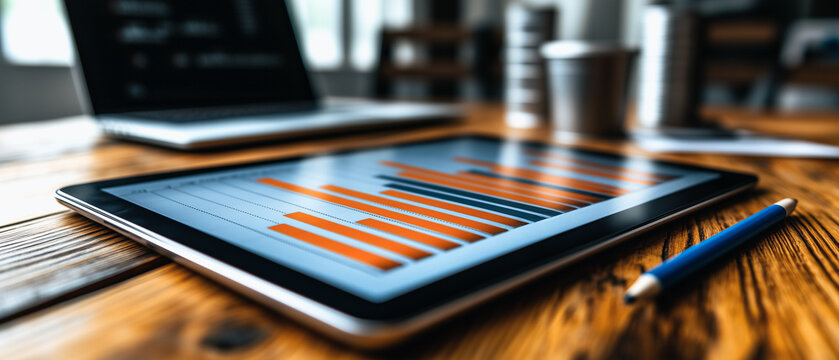 Analyzing Success: A tablet displaying a graph of positive growth trends rests on a wooden desk, a pen and laptop in the background, symbolizing data-driven decision making and strategic analysis.