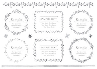 グレーの水彩の植物のきれいめフレーム6点と飾り線2点セット