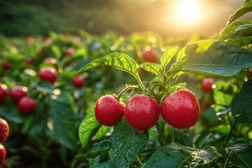Obraz premium Red peppers ripen on plant, sunlit.