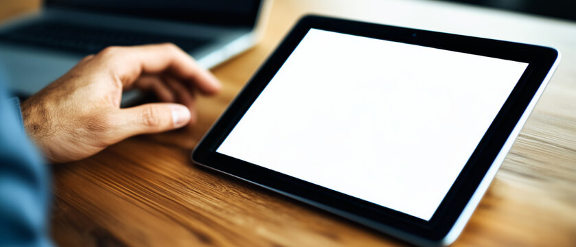 Tablet Mockup: Man using tablet with blank screen on wooden table 