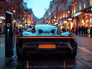 sleek luxury electric car is charging stylishly designed station. polished metallic finish and ambient lighting enhance upscale atmosphere of vibrant shopping street.