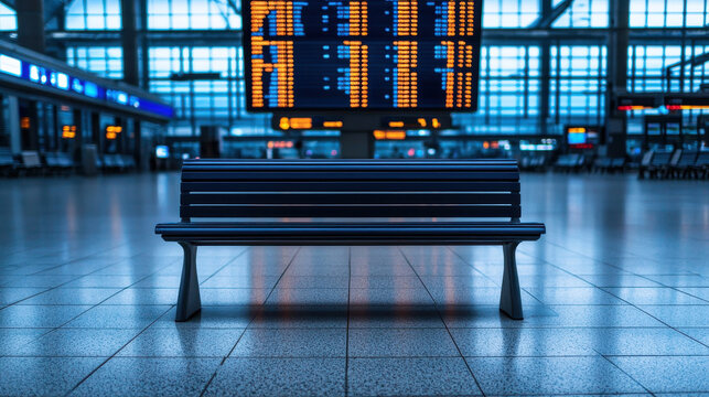 Travel restrictions policy concept, lonely bench in deserted airport terminal with digital display
