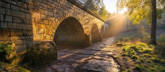 Stone arch bridge at sunrise, sun rays shining through trees.