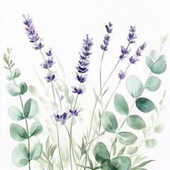 Naklejka premium Watercolor Lavender and Greenery Illustration