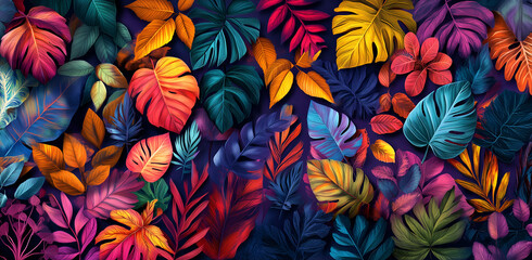 colorful leaves and plants, arranged in an artistic pattern on a dark purple background. 