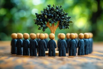 Group of wooden figures standing in a circle around a tree, symbolizing unity, community, and environmental awareness in a tranquil natural setting