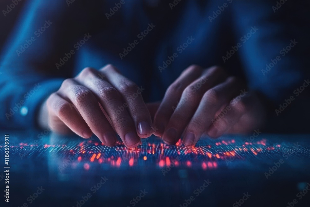 Poster hands typing on a futuristic digital interface with colorful data visualization