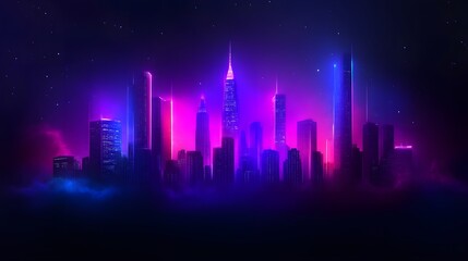 Fototapeta premium Neon cityscape at night, vibrant pink and blue hues.