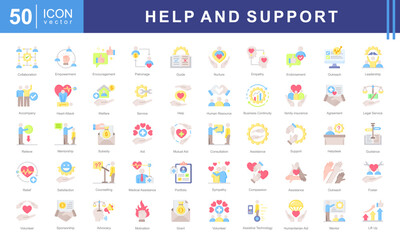 Help and support icon collection set. Containing assistance, service, aid, desk, guidance, relief, backing, Nurture, Empathy, Endorsement, Leadership and Accompany icon.