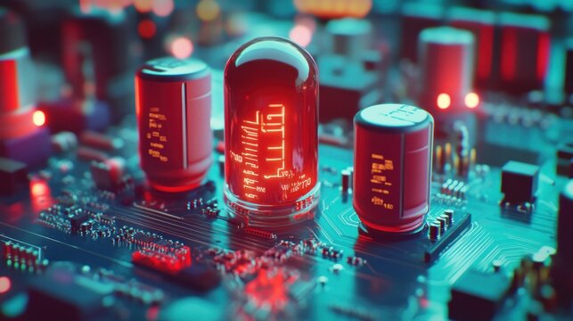 High-tech resistors and capacitors on a modern PCB, reflecting light 