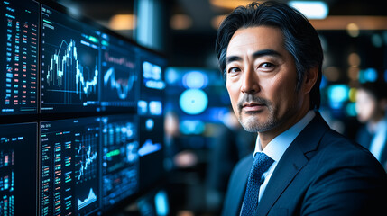 Confident Trader: A focused Asian businessman looks intently at stock market data displayed on multiple screens, reflecting a calm and determined approach to the financial markets.  