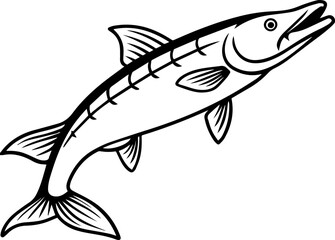 Black Line art of a Salmon Fish on a White Background - Vector Illustration