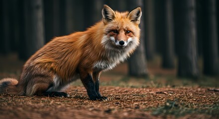Obraz premium Majestic Red Fox Sitting in Pine Forest Wild Animal Wildlife Photography