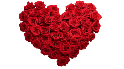 A heart shaped arrangement of red roses on a transparent background