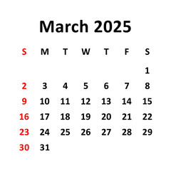 march 2025. Calendar with holydays or red dates. monthly calendar design with week starts on sunday. printable, simple, and clean vector design isolated on white background.