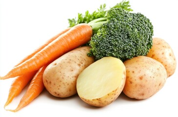 Fresh and Colorful Assortment of Vegetables Including Carrots, Broccoli, and Potatoes Perfect for Healthy Cooking and Nutrition-Focused Meal Preparation