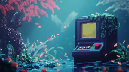 A pixelated gaming background with a level up button. Leafveil. Illustration