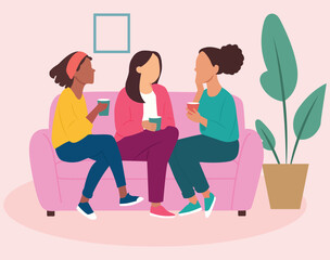 smiling women friends enjoying time together, showing, happiness, friendship, social, interaction, and positive lifestyle in flat vector illustration.