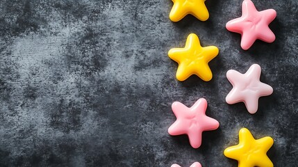 Obraz premium Pink and Yellow Star Shaped Candies on Dark Background