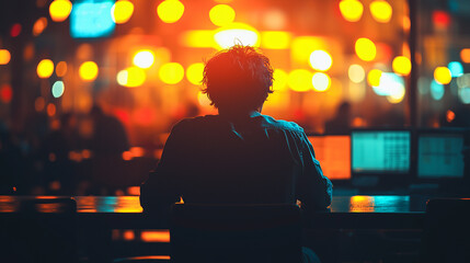 Naklejka premium Night City Hacker: Silhouette of a person sitting at a computer in a brightly lit city at night