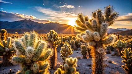 Captivating Minimalist Photography of Jumping Cholla Cacti in the Mojave Desert, Highlighting Unique Textures, Colors, and Natural Beauty of Arid 