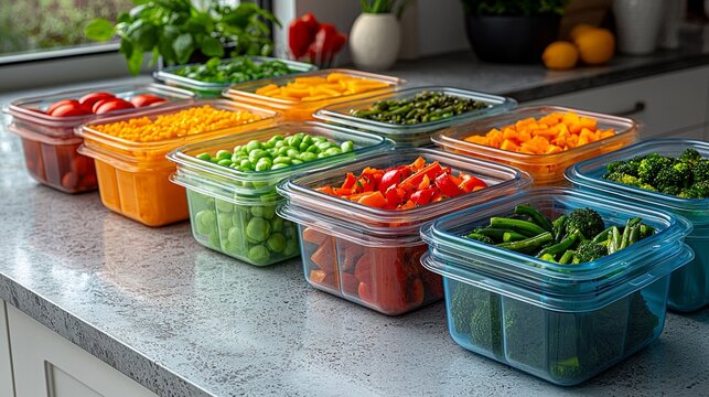 Colorful containers filled balanced portions of proteins vegetables and grains are lined up on clean countertop showcasing labels calorie and macro information.