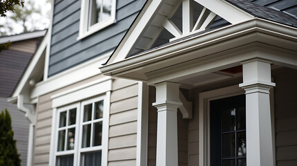 Residential Exterior with Beige and Gray Siding, White Trim, and Porch