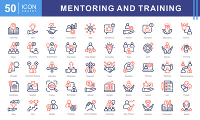Mentoring and Training icon collection set. Containing development, learning, workshop, coach, mentor, curriculum, seminar icon.