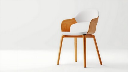 A wooden chair with a white cushion sits on a white background