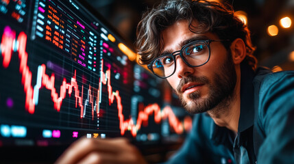 Focused on the Market: A determined businessman intently analyzes a financial chart on a large monitor, his focused gaze reflecting the intensity of the stock market.  