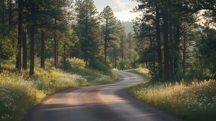 Fototapeta premium Winding road through a sunlit forest.
