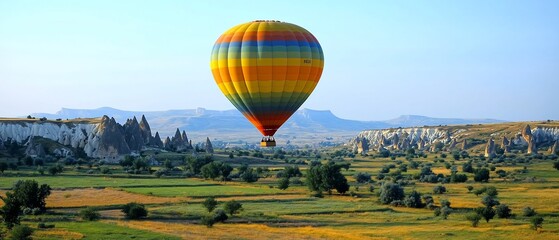 Fototapeta premium Hot air balloon flight over Cappadocia, Turkey. Picturesque landscape. Travel
