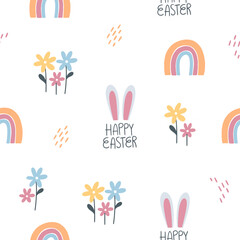 Fototapeta premium Easter pattern with different characters and other elements. Easter bunny, chicks, eggs and flowers, sheep, basket with eggs. Vector illustration.