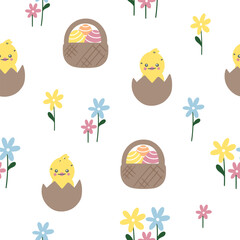 Easter pattern with different characters and other elements. Easter bunny, chicks, eggs and flowers, sheep, basket with eggs. Vector illustration.