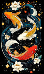 Carp and flowers with black background illustration