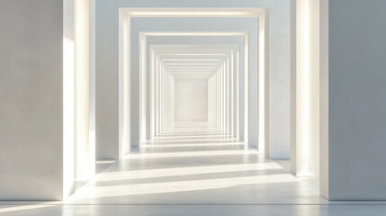 modern architectural interior featuring series of white, illuminated corridors creating sense of depth and tranquility. clean lines and bright light evoke feeling of spaciousness and serenity
