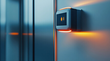 close up view of modern biometric access control system, showcasing its sleek design and illuminated interface. This advanced technology enhances security and convenience
