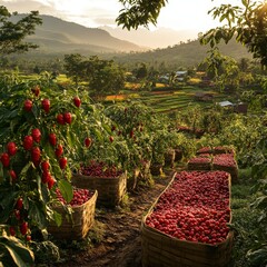 Harvested red peppers in baskets, hillside farm.