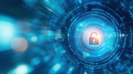 Fototapeta premium digital padlock illustration glowing in futuristic tunnel, symbolizing security and protection in digital world. vibrant blue tones enhance sense of technology and safety