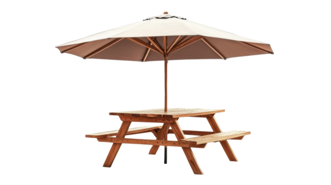 Wooden table with umbrella transparent background