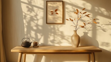 A serene tabletop scene featuring a teapot, cup, and a vase with dried leaves.