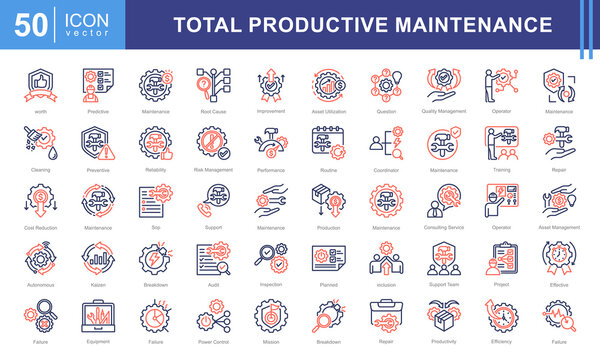 Total productive maintenance icon collection set. Containing equipment, break, reliability, time, inspection, efficiency, preventive icon.