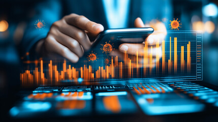 Analyzing Market Trends Amidst a Pandemic: A close-up shot of a person's hands holding a smartphone, overlaid with dynamic graphs and virus icons.