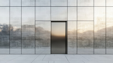 Naklejka premium modern building facade featuring sleek glass wall and minimalist door. reflective surface captures surrounding environment, creating serene atmosphere