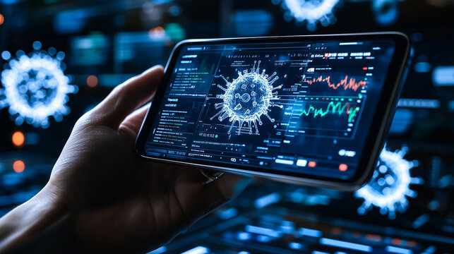 Monitoring the Virus Outbreak: A hand holds a smartphone displaying a virus model and data charts against a backdrop of virus particles, symbolizing the digital monitoring of a pandemic.