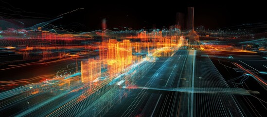 Abstract futuristic cityscape with glowing lines and digital buildings.