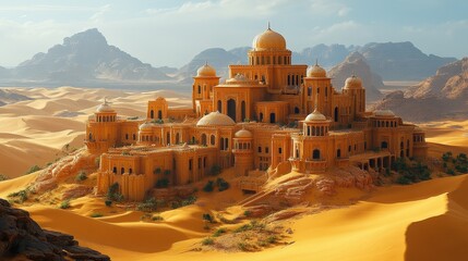 Fototapeta premium Golden desert palace nestled in dunes, mountains.