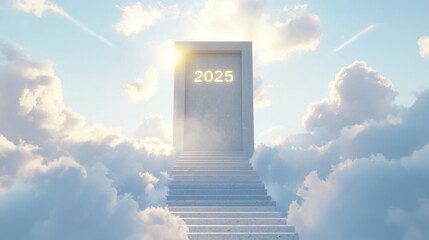 grand concrete door with year 2025 engraved, surrounded by clouds, symbolizes new beginnings and opportunities. light shining through adds hopeful touch